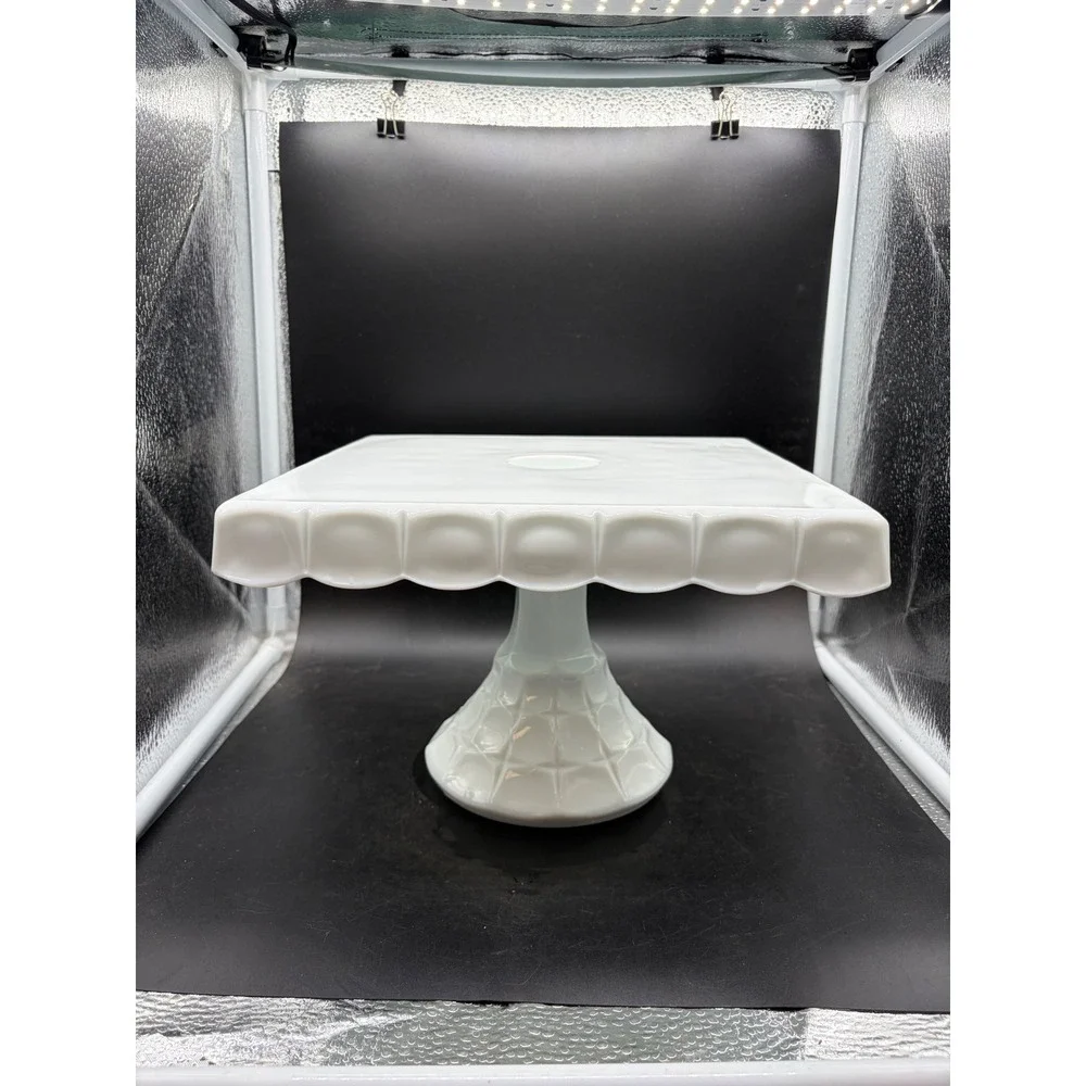 Vintage Milk Glass Square Cake Stand Scalloped Edge Pedestal Dessert Display 10